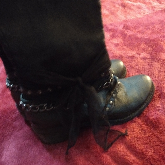 Black Knee-High Boots with Chain, Rhinestone and Strap Details - Picture 12 of 15